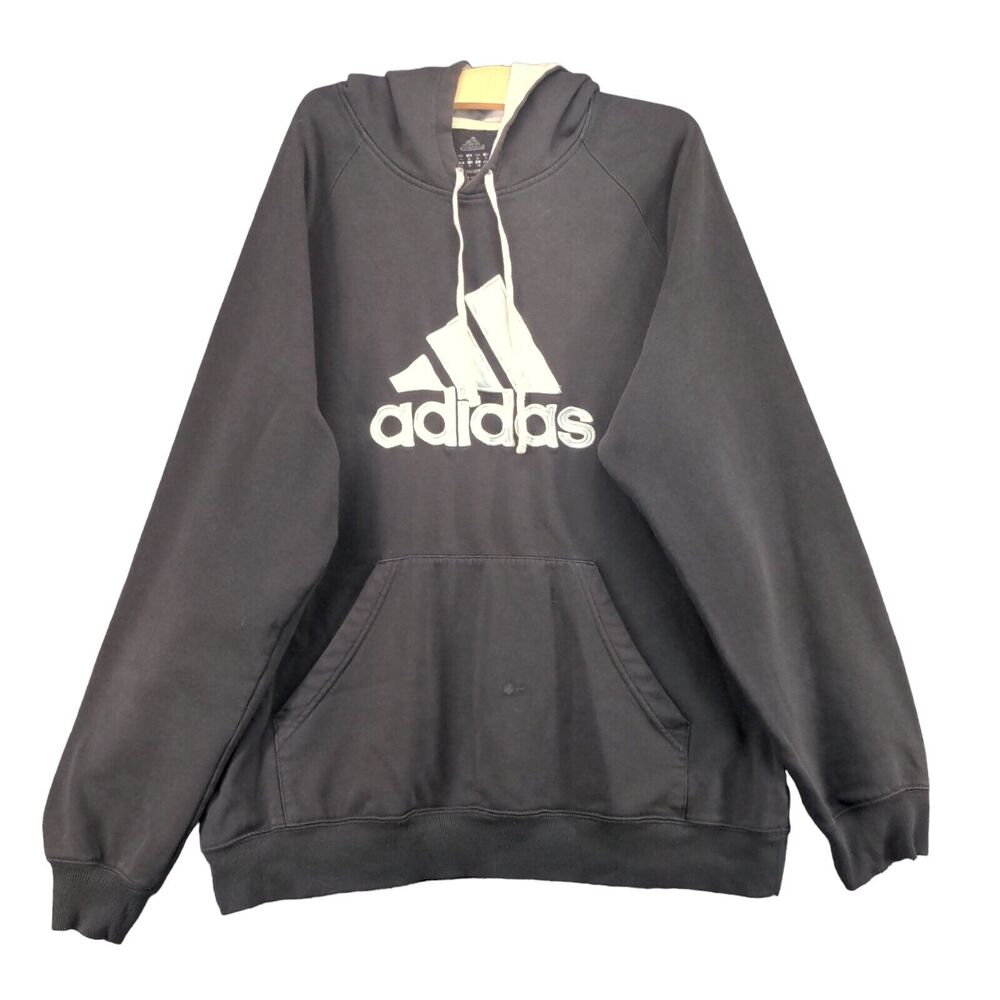 Adidas Embroidered Logo Drawstring Hoodie Sweatshirt Mens XL Black Pockets